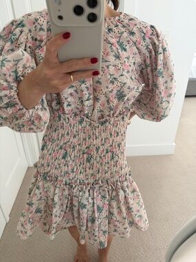 Smocked Floral Puff-Sleeve Mini Dress in Soft Pink